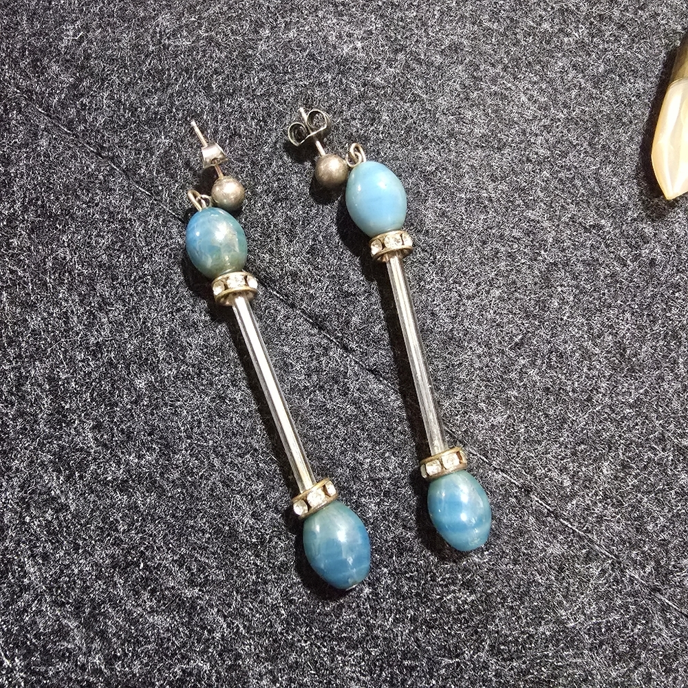 Vtg 60s Mcm Larimar Rhinestone Tube Bead Earrings